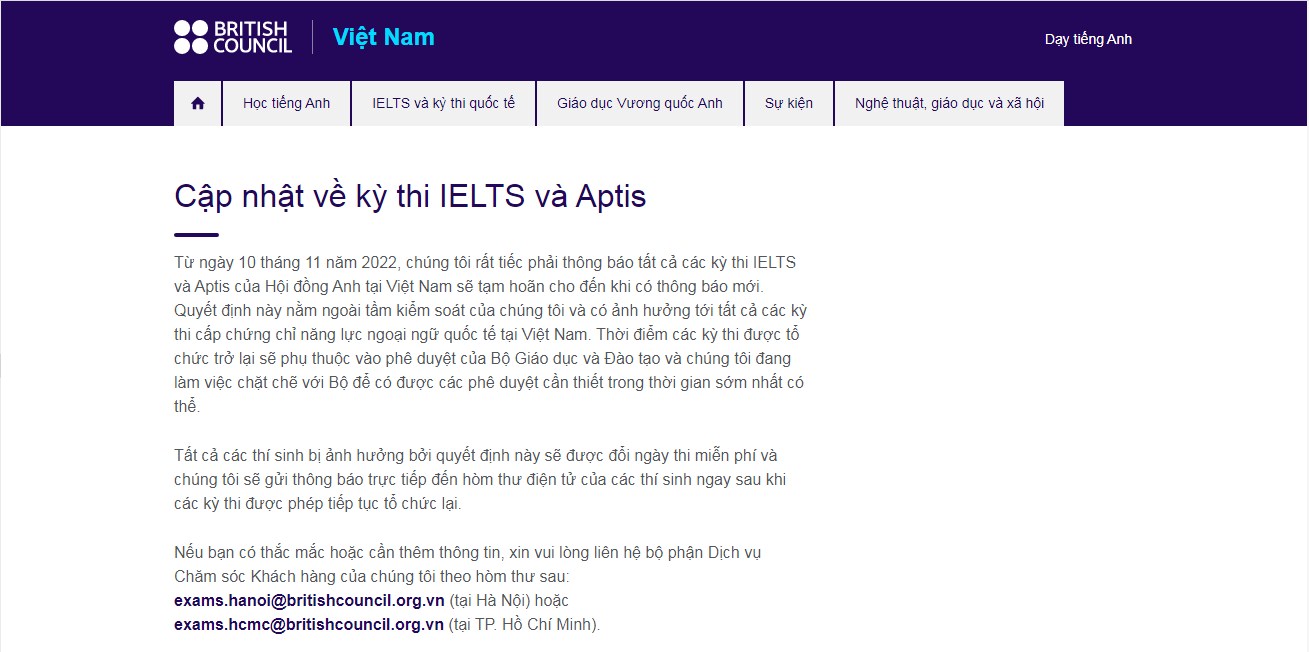 Hội đồng Anh thông báo hoãn tất cả các kỳ thi IELTS ở Việt Nam