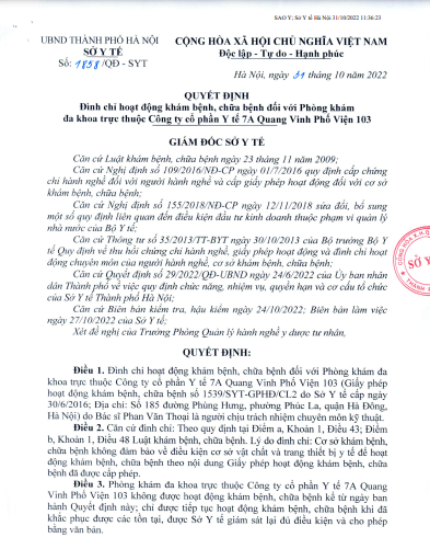 Phòng khám thuộc Công ty Y tế 7A Quang Vinh Phố Viện 103 bị đình chỉ hoạt động