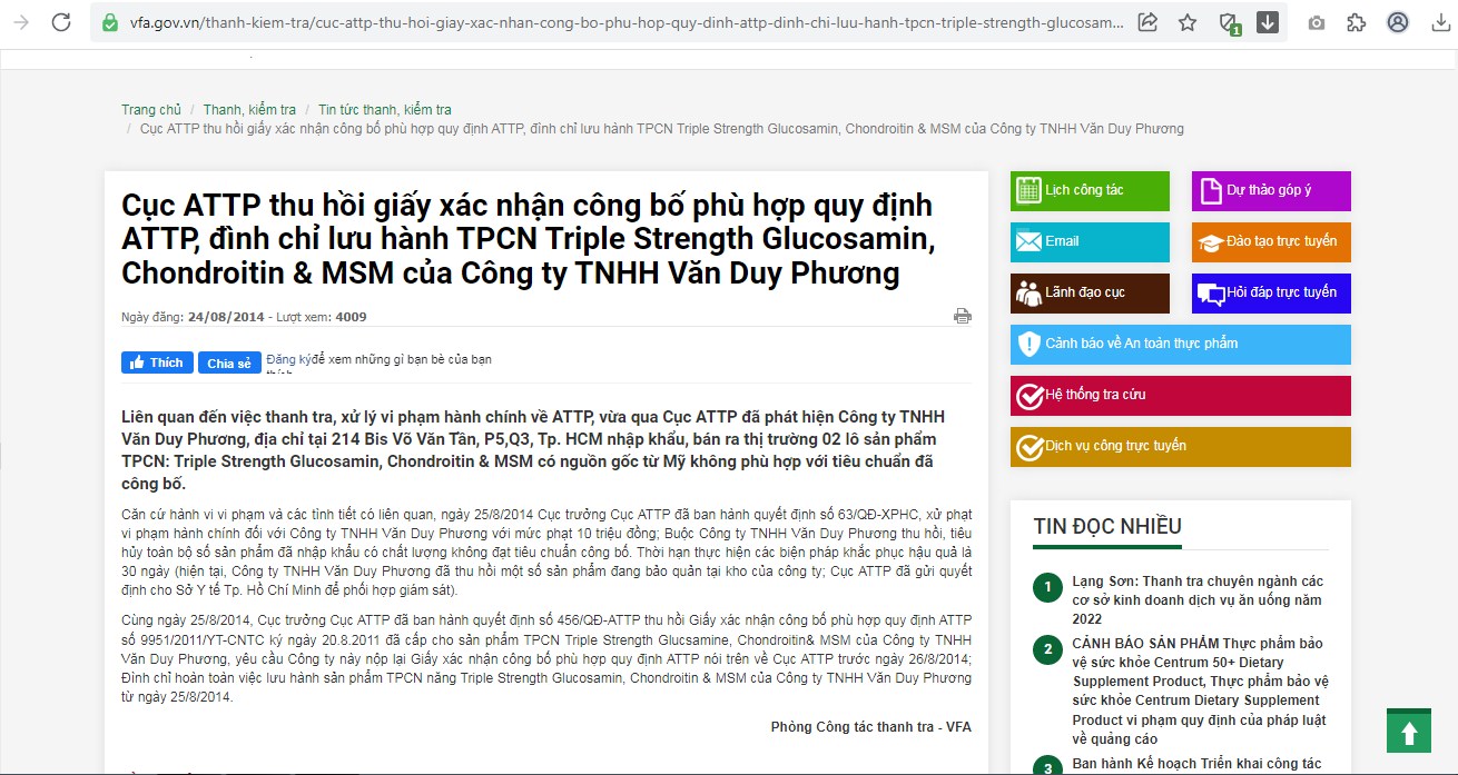 Cảnh báo TPBVSK Triple strength Glucosamine quảng cáo nổ công dụng