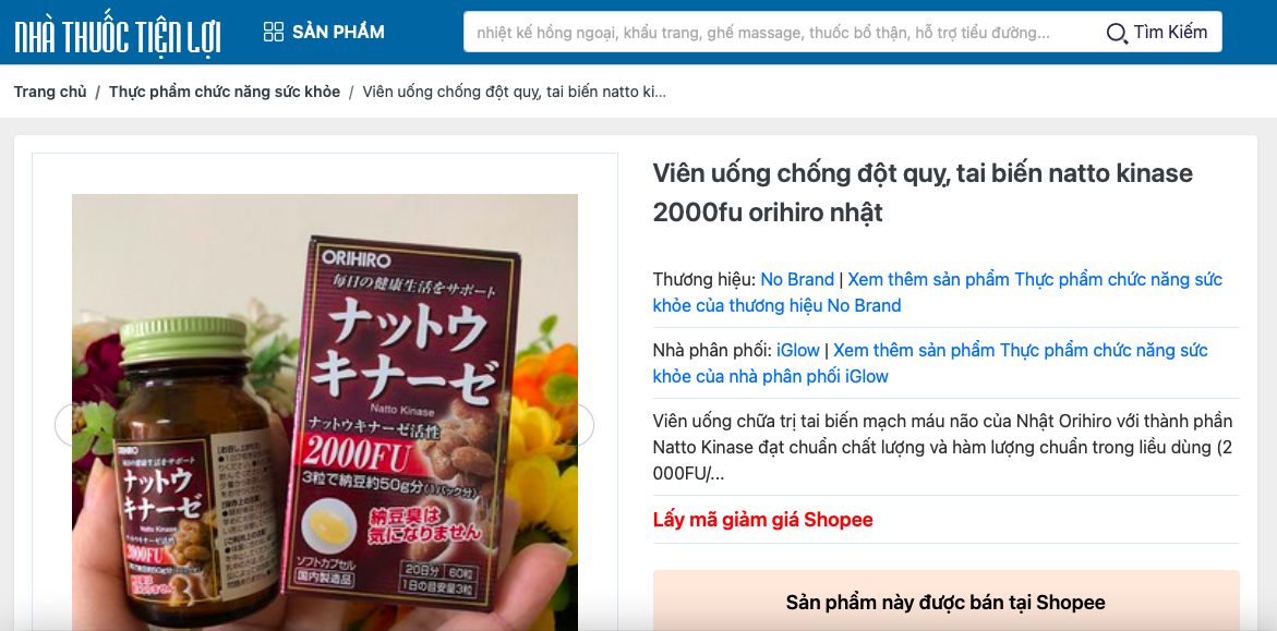 Viên uống Orihiro Nattokinase capsules quảng cáo như thuốc chữa bệnh