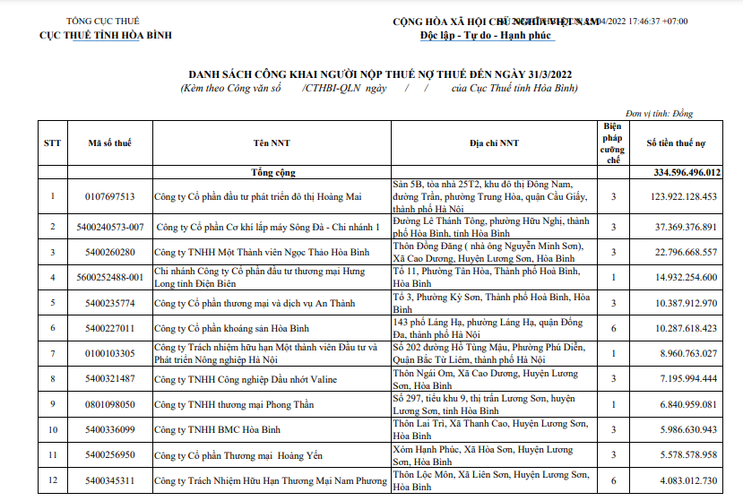 Cục thuế Hòa Bình CTCP Đầu tư phát triển đô thị Hoàng Mai tiếp tục đứng đầu danh sách nợ thuế