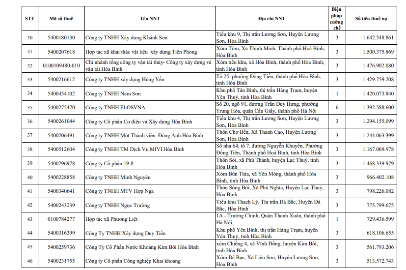 Cục thuế Hòa Bình CTCP Đầu tư phát triển đô thị Hoàng Mai tiếp tục đứng đầu danh sách nợ thuế