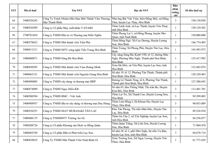 Cục thuế Hòa Bình CTCP Đầu tư phát triển đô thị Hoàng Mai tiếp tục đứng đầu danh sách nợ thuế