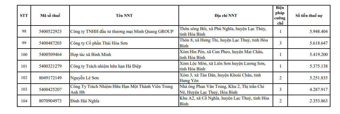 Cục thuế Hòa Bình CTCP Đầu tư phát triển đô thị Hoàng Mai tiếp tục đứng đầu danh sách nợ thuế