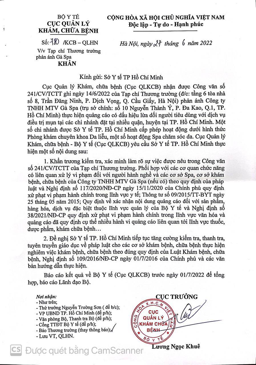 Vụ Tạp chí Thương Trường phản ánh Gà Spa Cục Quản lý Khám chữa bệnh chỉ đạo khẩn 