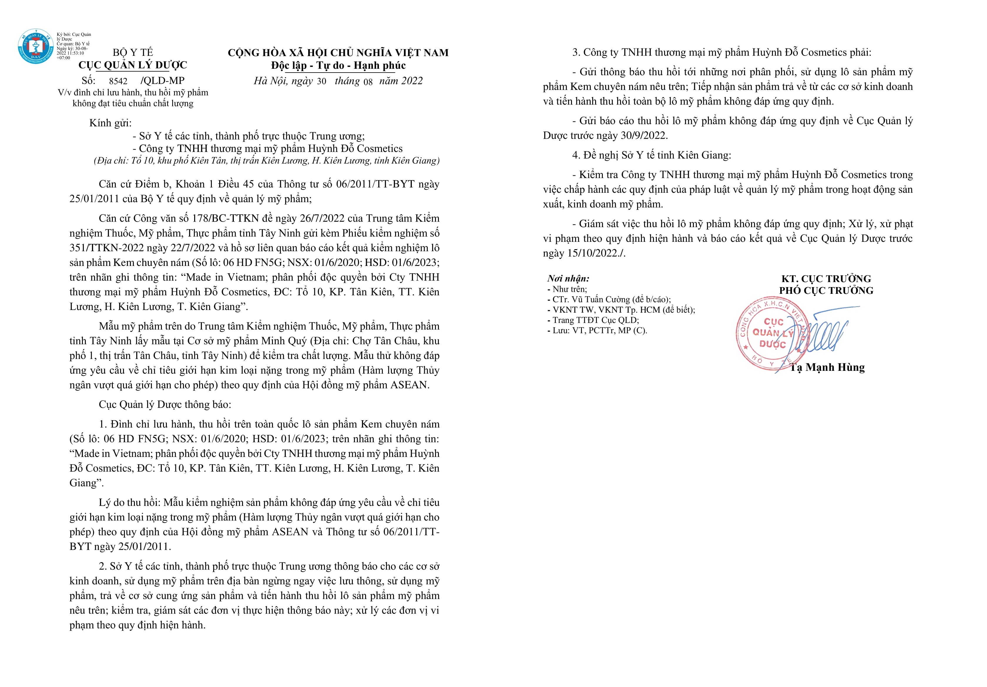 Đình chỉ lưu hành thu hồi trên toàn quốc lô sản phẩm Kem chuyên nám của Hùynh Đỗ Cosmetics