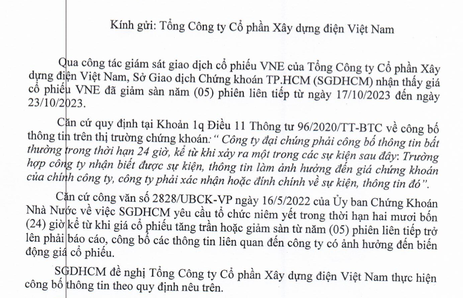 VNE phải giải trình việc cổ phiếu giảm sàn 5 phiên liên tiếp