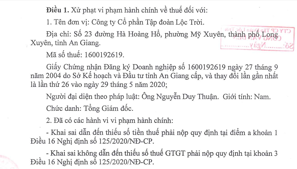 Tập đoàn Lộc Trời LTG bị phạt truy thu thuế 6 tỷ đồng