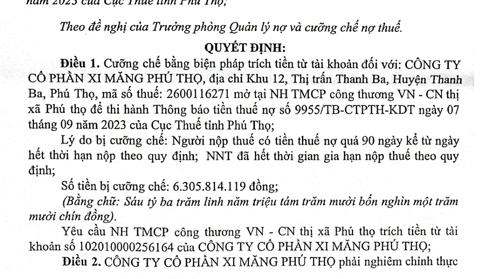 Xi măng Phú Thọ PTE bị cưỡng chế hơn 6 tỷ đồng tiền thuế