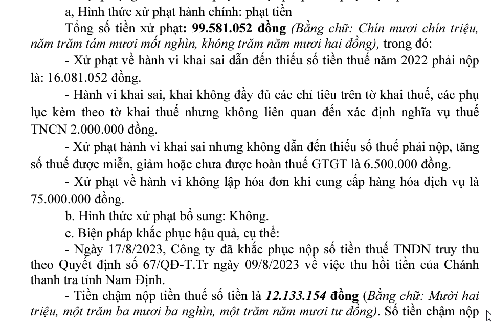 Tiếp tục sai phạm về kê khai thuế Đầu tư Sao Thăng Long bị phạt gần 100 triệu đồng