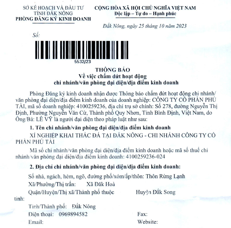Phú Tài PTB thông báo chấm dứt hoạt động một chi nhánh tại Đăk Nông