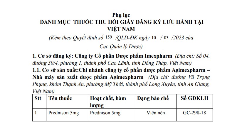 Thu hồi giấy đăng ký lưu hành đối với thuốc Prednison 5mg