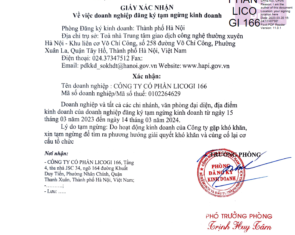 Licogi 166 LCS bất ngờ xin tạm ngừng kinh doanh