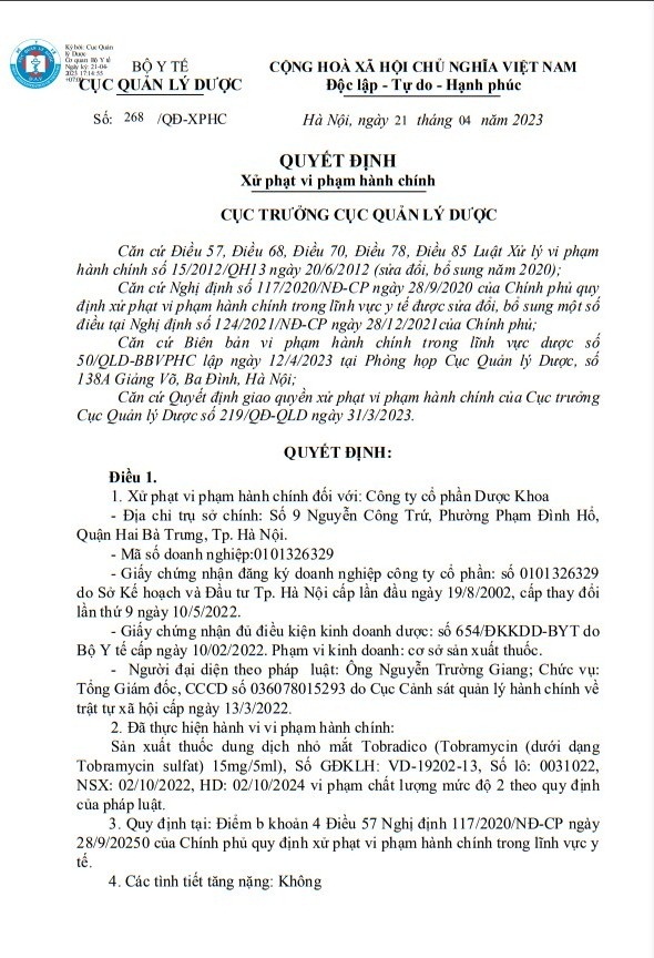 Sản xuất thuốc kém chất lượng Công ty cổ phần Dược Khoa bị xử phạt