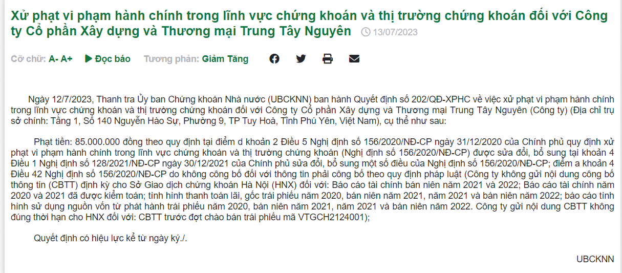 Không công bố thông tin Xây dựng và Thương mại Trung Tây Nguyên bị phạt 85 triệu đồng