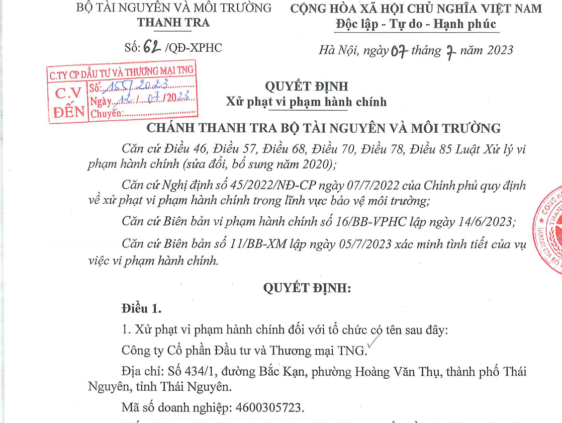 Xả nước thải vượt quy chuẩn Đầu tư và Thương mại TNG bị phạt gần 370 triệu đồng