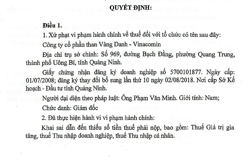 Than Vàng Danh Vinacomin bị phạt và truy thu thuế hơn 18 tỷ đồng