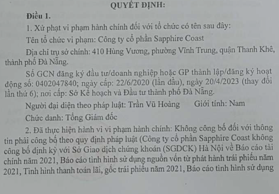 Ém thông tin tài chính Sapphire Coast bị phạt 925 triệu đồng