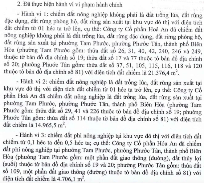 Lấn chiếm đất Công ty cp Hóa An DHA bị phạt và nộp số lợi bất hợp pháp hơn 3 tỷ đồng