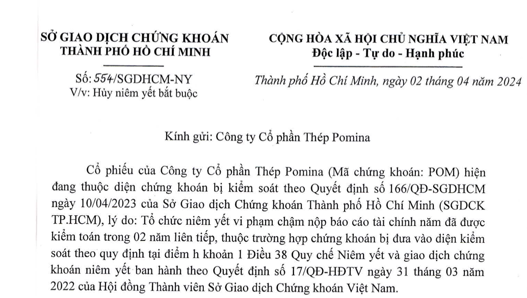 Chậm nộp báo cáo tài chính cổ phiếu thép Pomina POM bị hủy niêm yết
