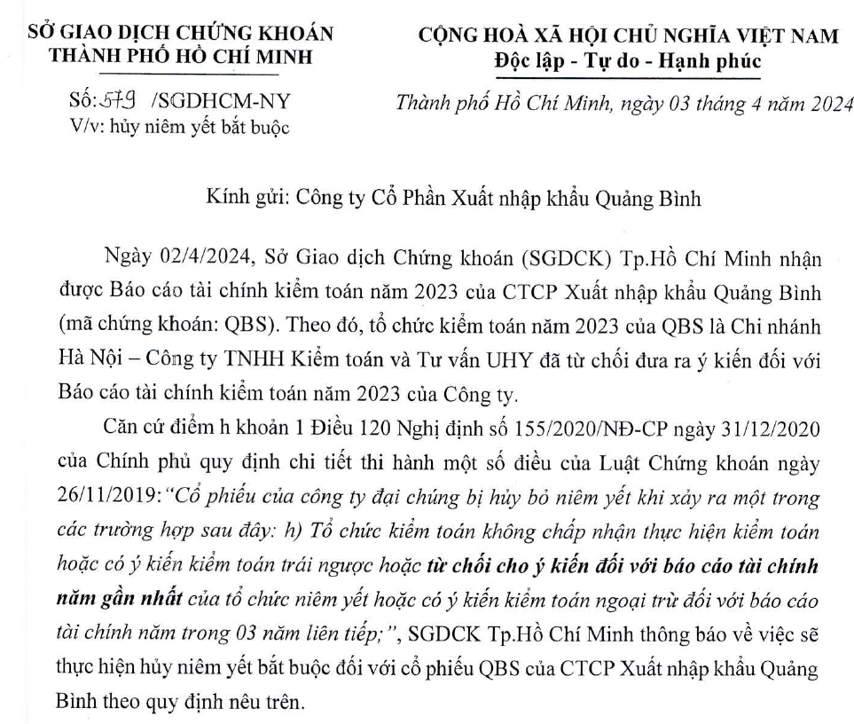 Cổ phiếu QBS của Xuất nhập khẩu Quảng Bình sẽ bị hủy niêm yết