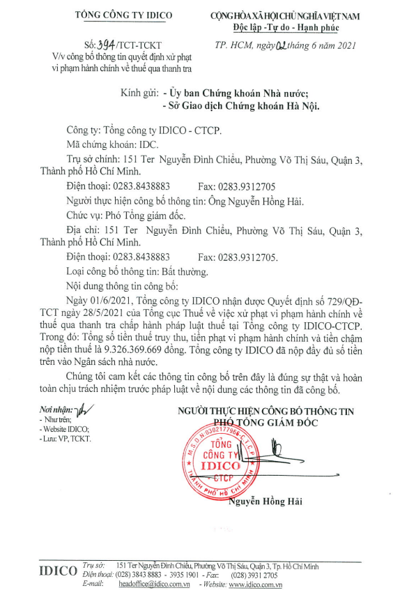 IDICO bị truy thu thuế hơn 9 tỷ đồng