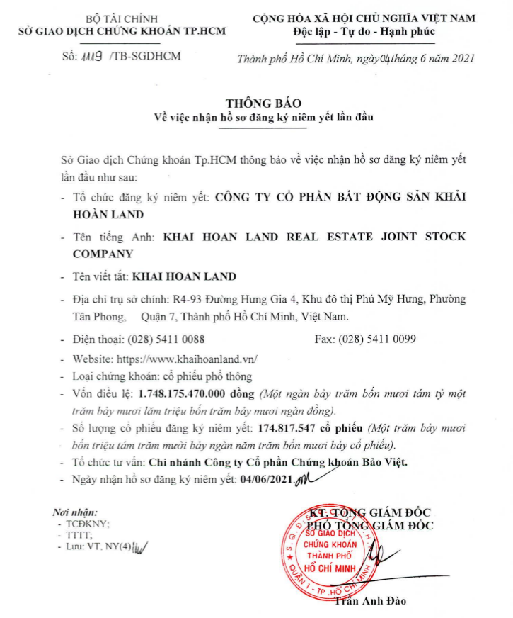 HoSE nhận hồ sơ niêm yết của Khải Hoàn Land