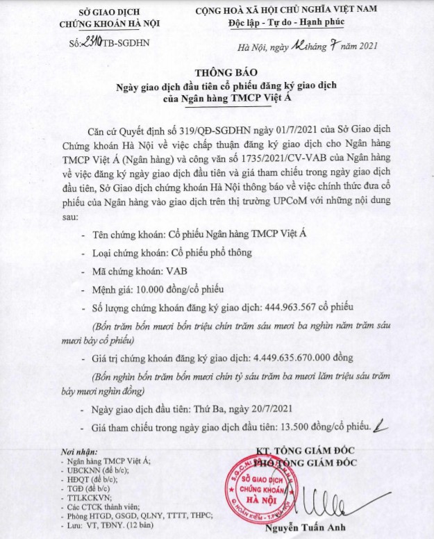 Ngày 207 VietABank sẽ chính thức giao dịch trên sàn UPCoM