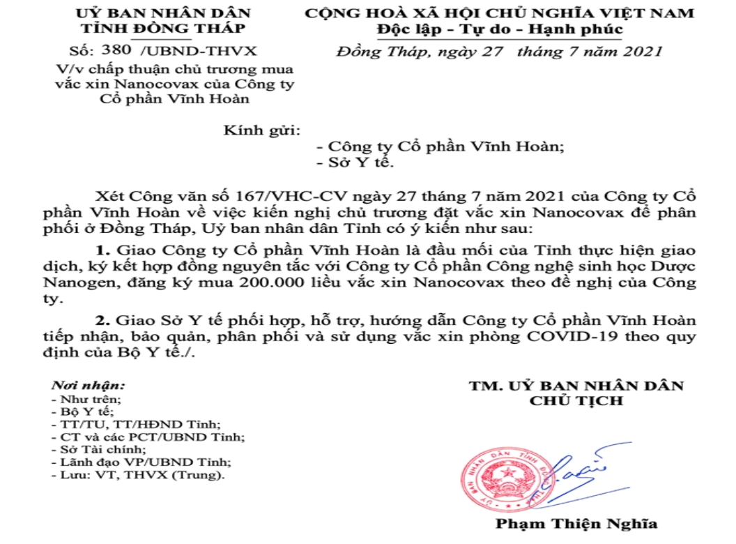 Đồng Tháp chấp thuận cho một công ty thủy sản đặt mua 200000 liều vaccine Nanocovax