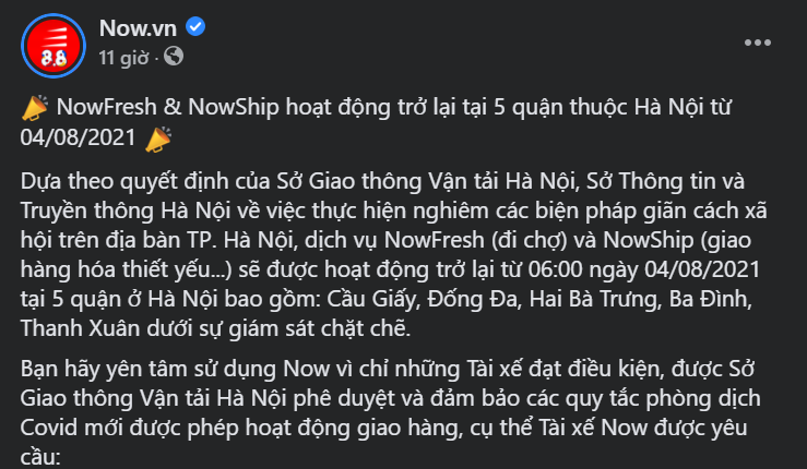 NowFresh và NowShip được phép hoạt động trở lại tại 5 quận ở Hà Nội