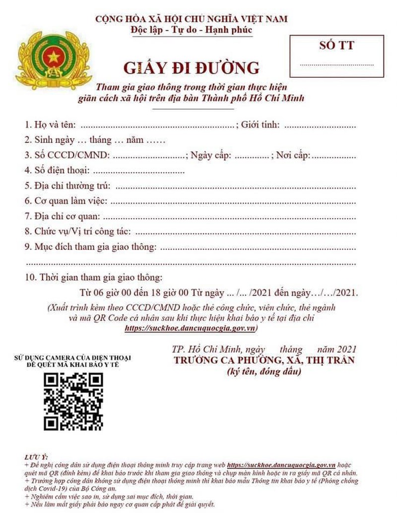 TPHCM sử dụng mẫu giấy đi đường mới từ 0h ngày 258