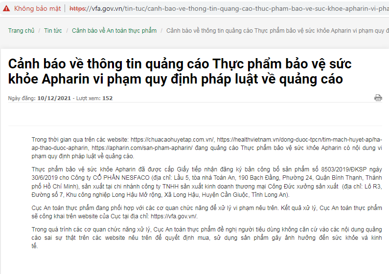Người tiêu dùng cẩn trọng với thông tin quảng cáo TPBVSK Apharin 