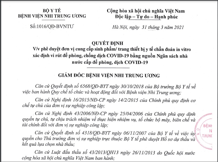 Kit test Covid19 của Việt Á vào Bệnh viện nhi Trung ương bằng gói thầu hơn 32 tỷ đồng
