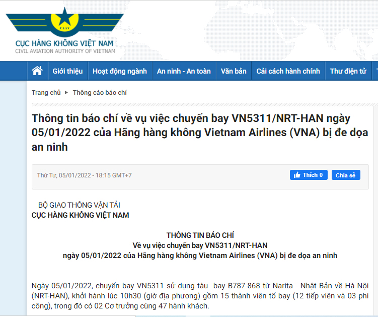 Cục Hàng không Việt Nam lên tiếng về chuyến bay của Vietnam Airlines bị đe dọa an ninh