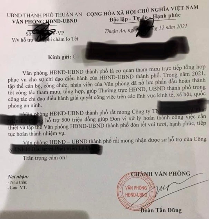 Bình Dương Văn phòng UBND TP Thuận An xin doanh nghiệp hỗ trợ 500 triệu đón tết khiến dư luận xôn xao