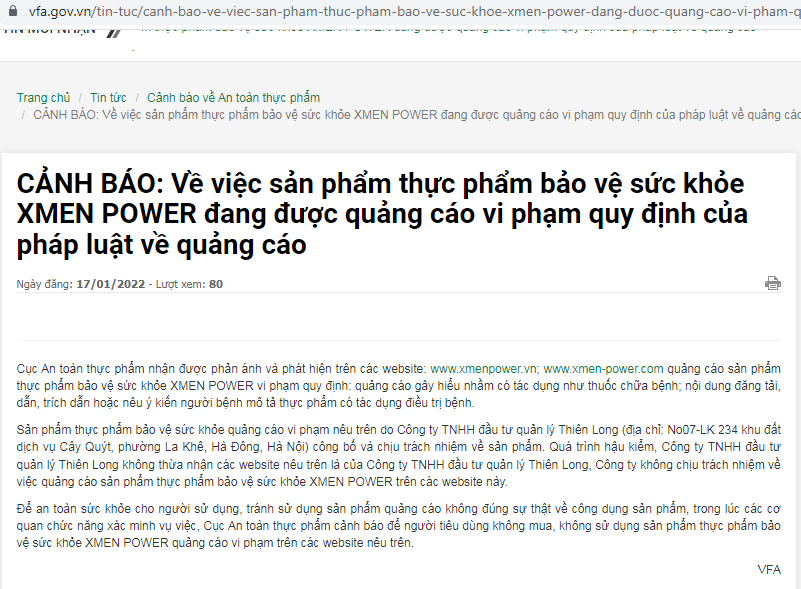 Cảnh báo TPBVSK XMEN POWER quảng cáo gay hiểu lầm như thuốc chữa bệnh