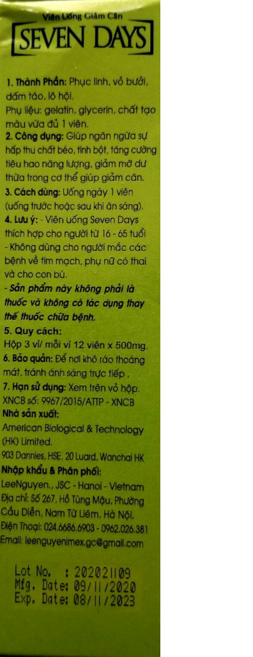 TPBVSK Viên uống giảm cân SEVEN DAYS chứa chất cấm Sibutramine