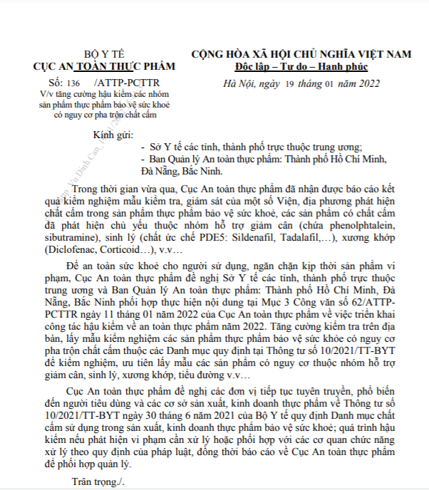 TPBVSK chứa chất cấm Cục An toàn Thực phẩm ra văn bản siết chặt quản lý hậu kiểm