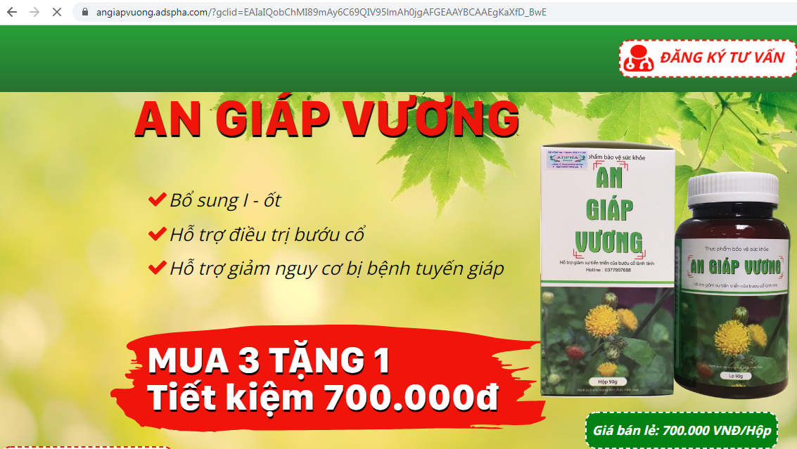 TPBVSK An Giáp Vương đang được quảng cáo có tác dụng như thuốc chữa bệnh